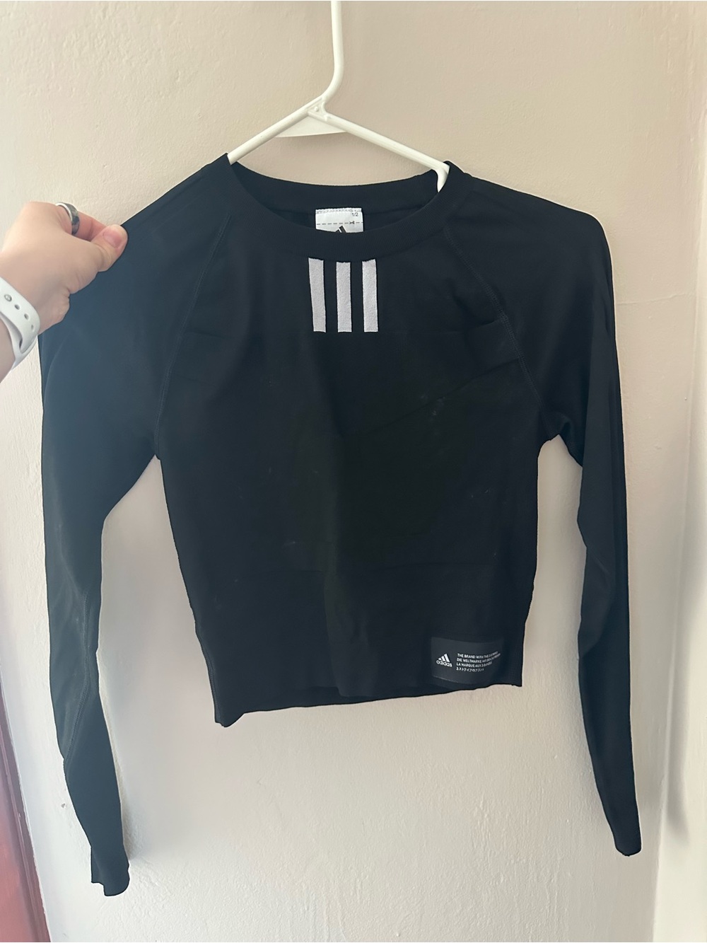 adidas Black Long Sleeve Crop Top with White 3-Stripe Detail